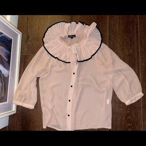 Sister Jane sheer pink & black button-up bow blouse with frilled, pleated collar